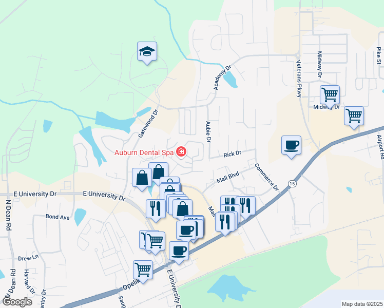 map of restaurants, bars, coffee shops, grocery stores, and more near 1601 Professional Parkway in Auburn