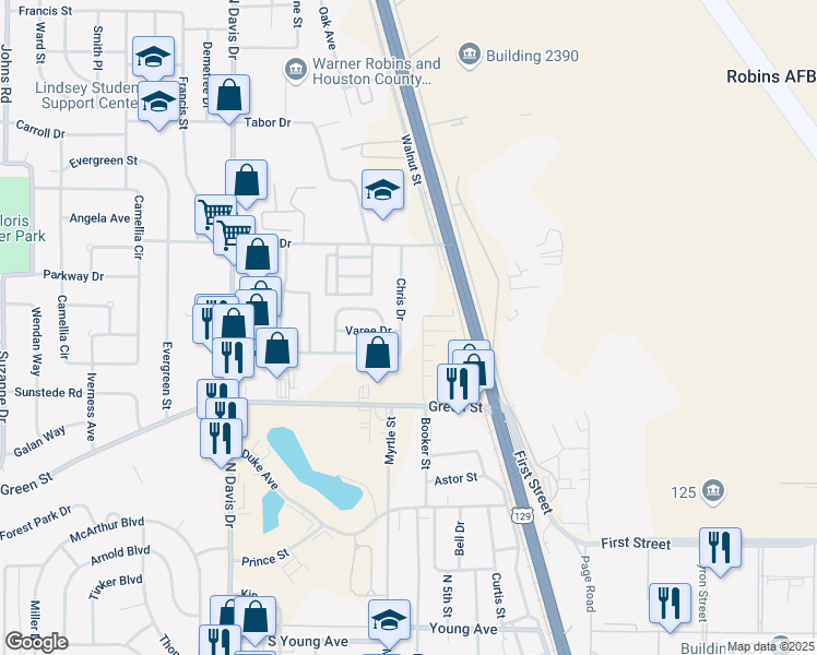 map of restaurants, bars, coffee shops, grocery stores, and more near Booker Street in Warner Robins