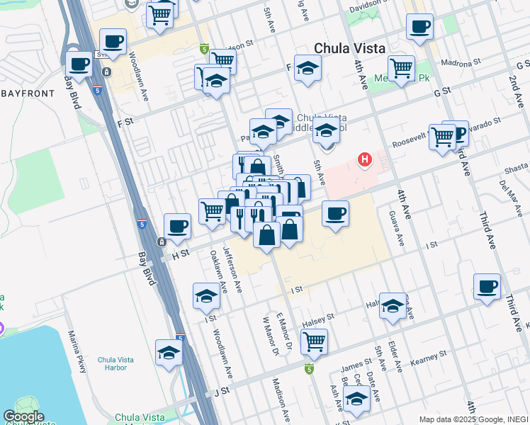 map of restaurants, bars, coffee shops, grocery stores, and more near 625 H Street in Chula Vista