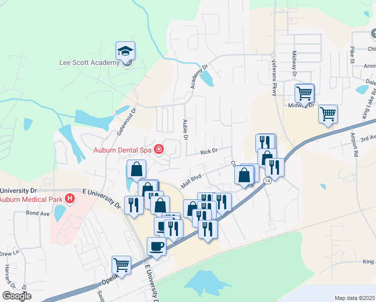 map of restaurants, bars, coffee shops, grocery stores, and more near 1950 Rick Drive in Auburn