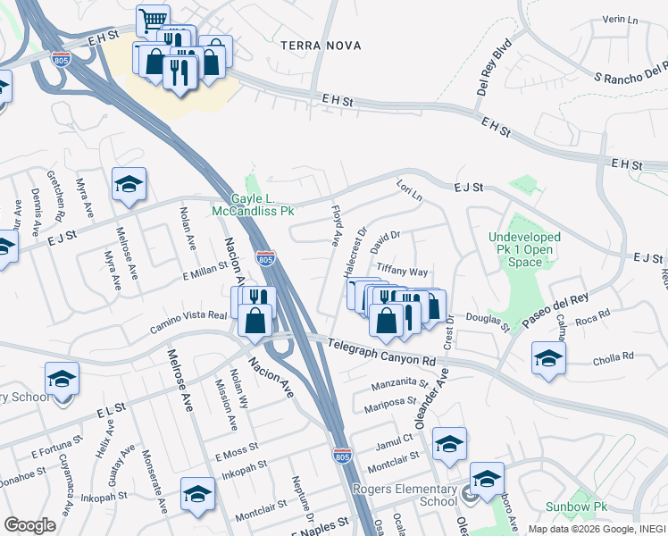 map of restaurants, bars, coffee shops, grocery stores, and more near 856 Halecrest Drive in Chula Vista