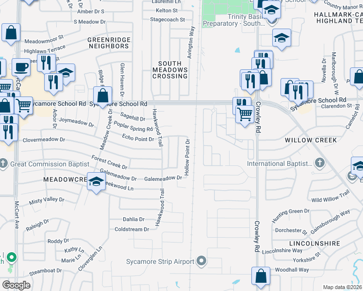 map of restaurants, bars, coffee shops, grocery stores, and more near 7636 Rainbow Creek Drive in Fort Worth