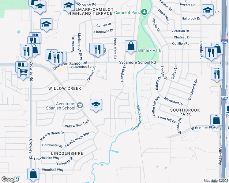 map of restaurants, bars, coffee shops, grocery stores, and more near 8025 Autumn Creek Trail in Fort Worth