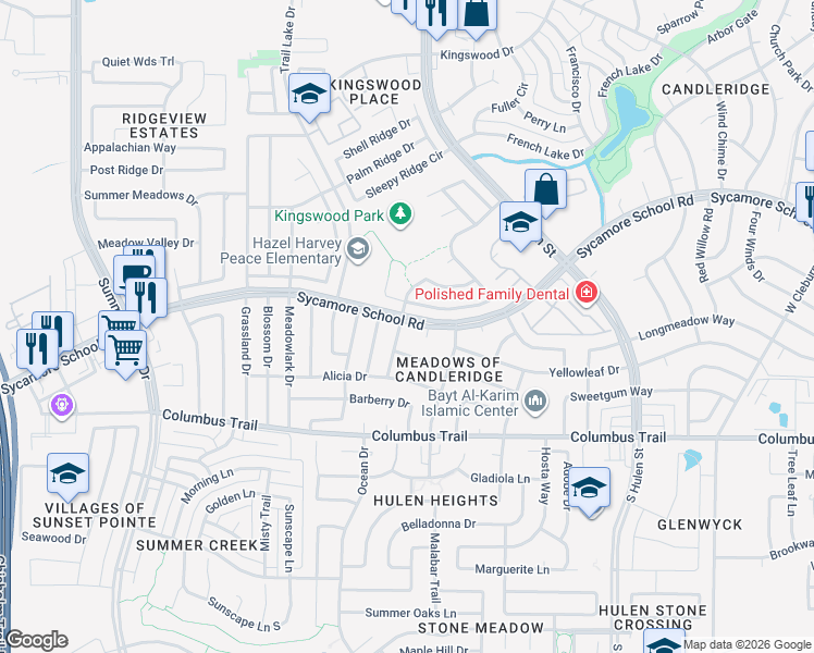 map of restaurants, bars, coffee shops, grocery stores, and more near 7601 Creekmoor Drive in Fort Worth