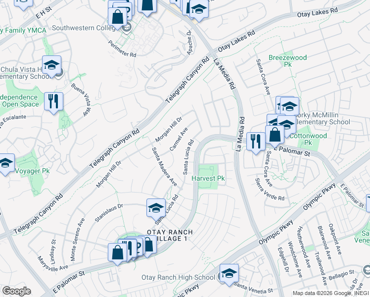 map of restaurants, bars, coffee shops, grocery stores, and more near 1228 Santa Lucia Road in Chula Vista