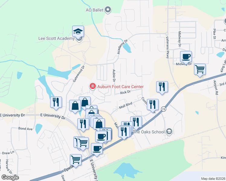 map of restaurants, bars, coffee shops, grocery stores, and more near 1257 Aubie Drive in Auburn