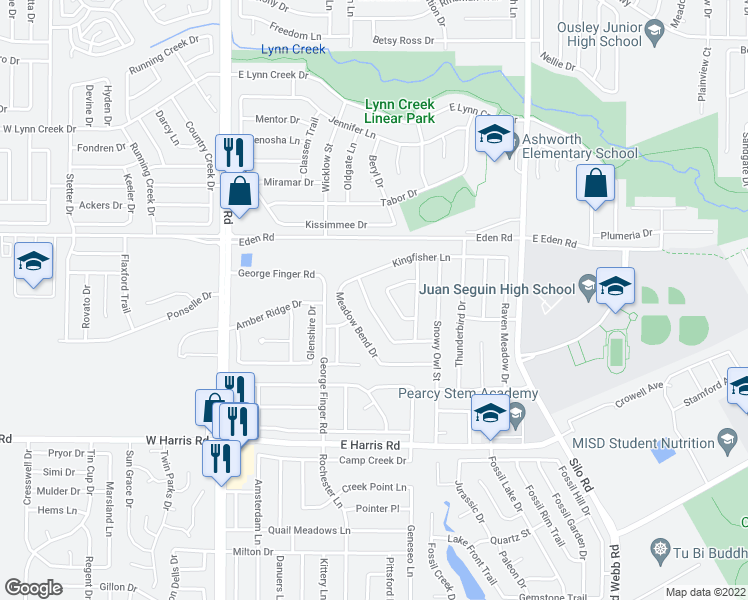 map of restaurants, bars, coffee shops, grocery stores, and more near 6911 Misty Meadow Lane in Arlington