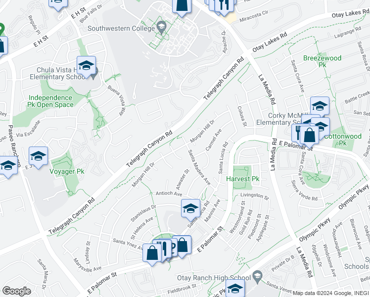 map of restaurants, bars, coffee shops, grocery stores, and more near 1095 Morgan Hill Drive in Chula Vista