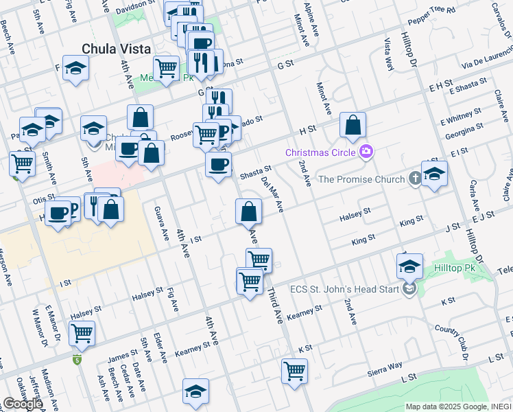 map of restaurants, bars, coffee shops, grocery stores, and more near 271 Whitney Street in Chula Vista