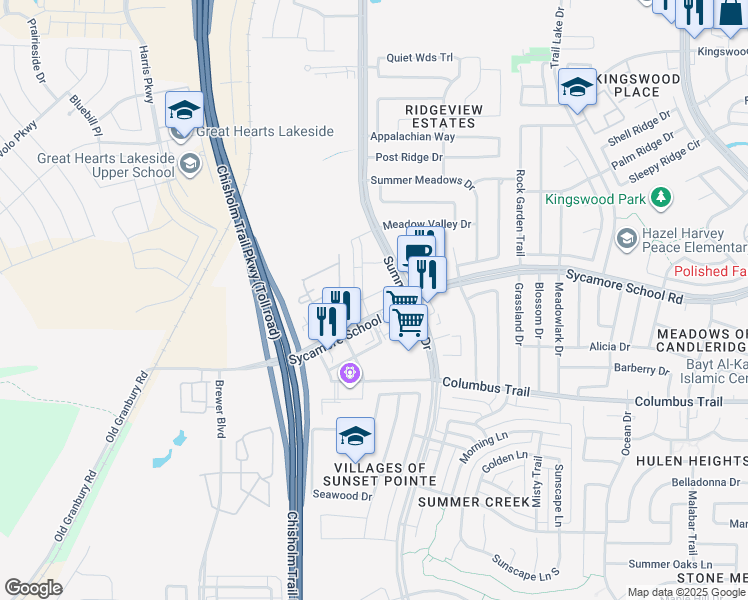 map of restaurants, bars, coffee shops, grocery stores, and more near 5300 Sycamore School Road in Fort Worth