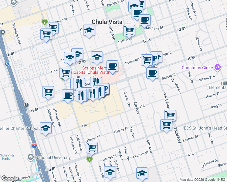 map of restaurants, bars, coffee shops, grocery stores, and more near in Chula Vista