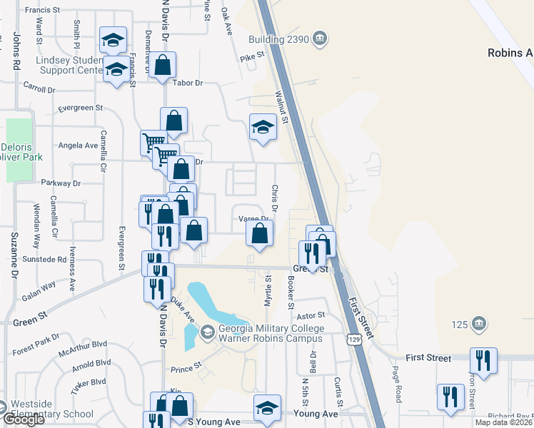 map of restaurants, bars, coffee shops, grocery stores, and more near 106 Chuck Circle in Warner Robins
