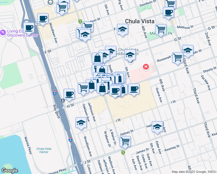 map of restaurants, bars, coffee shops, grocery stores, and more near 578 Otis Street in Chula Vista
