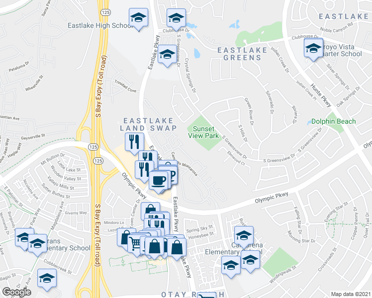 map of restaurants, bars, coffee shops, grocery stores, and more near 2192 Caminito Rinaldo in Chula Vista