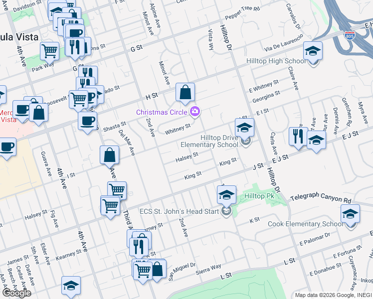 map of restaurants, bars, coffee shops, grocery stores, and more near 132 I Street in Chula Vista