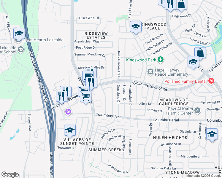 map of restaurants, bars, coffee shops, grocery stores, and more near 5154 Brook Meadow Lane in Fort Worth