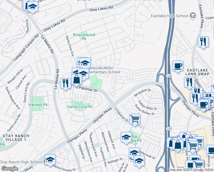 map of restaurants, bars, coffee shops, grocery stores, and more near 1290 Santa Rosa Drive in Chula Vista