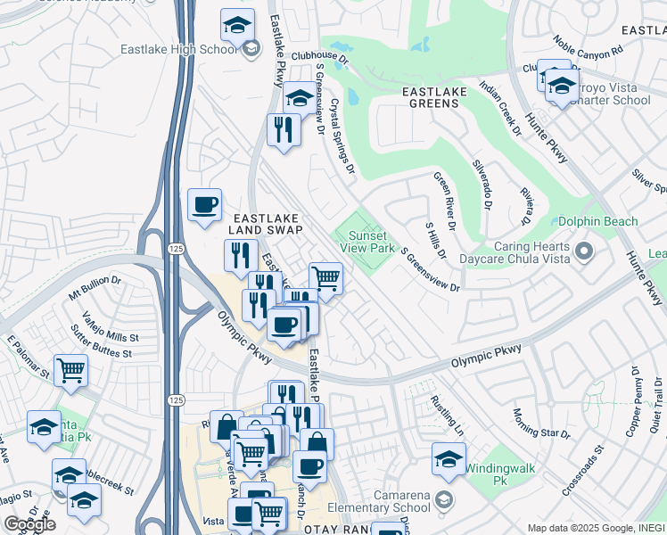 map of restaurants, bars, coffee shops, grocery stores, and more near 1339 Caminito Agostino in Chula Vista