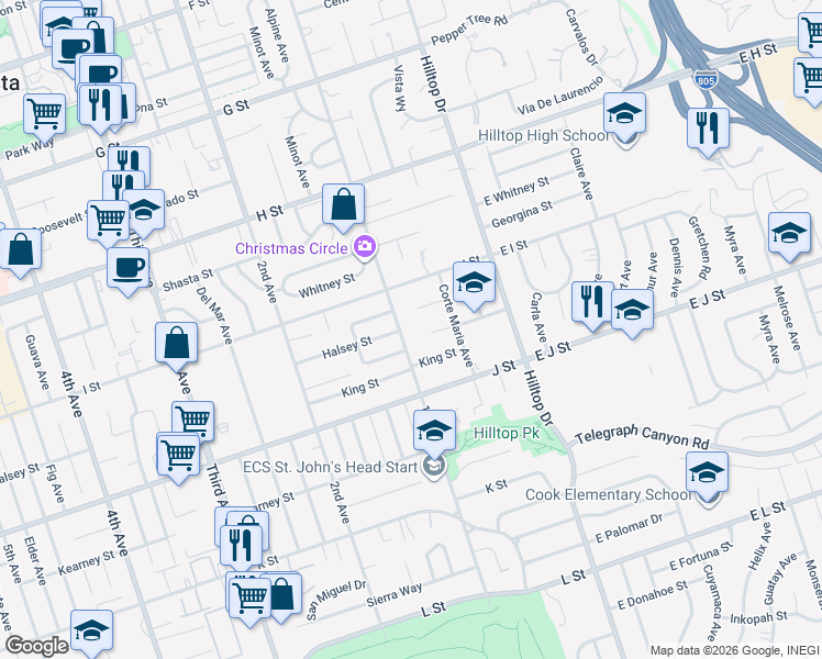 map of restaurants, bars, coffee shops, grocery stores, and more near 639 1st Avenue in Chula Vista
