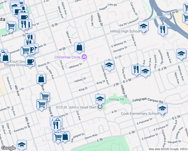 map of restaurants, bars, coffee shops, grocery stores, and more near 639 1st Avenue in Chula Vista
