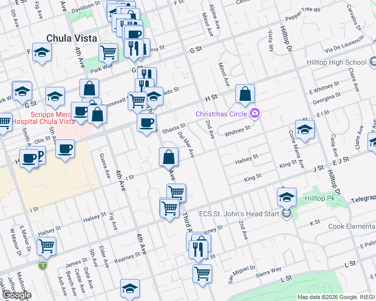 map of restaurants, bars, coffee shops, grocery stores, and more near 586 Del Mar Avenue in Chula Vista
