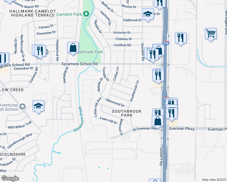 map of restaurants, bars, coffee shops, grocery stores, and more near 325 Chasmier Way in Fort Worth