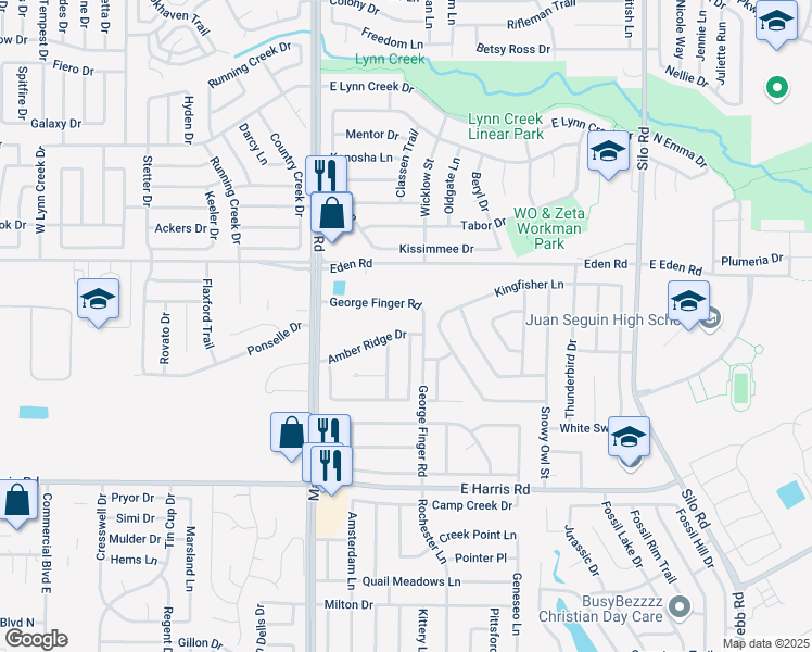 map of restaurants, bars, coffee shops, grocery stores, and more near 245 George Finger Road in Arlington