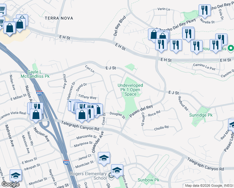map of restaurants, bars, coffee shops, grocery stores, and more near 862 La Senda Way in Chula Vista