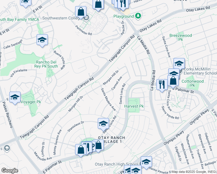 map of restaurants, bars, coffee shops, grocery stores, and more near 1073 Morgan Hill Drive in Chula Vista