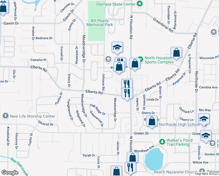map of restaurants, bars, coffee shops, grocery stores, and more near 1601 Elberta Road in Warner Robins