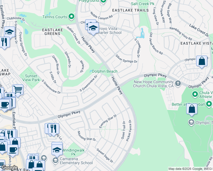 map of restaurants, bars, coffee shops, grocery stores, and more near 2486 Myrtle Beach Way in Chula Vista