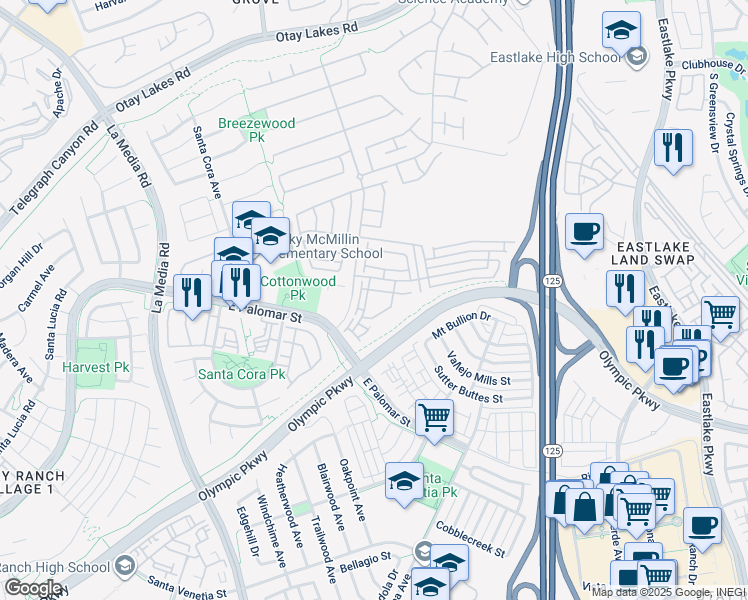map of restaurants, bars, coffee shops, grocery stores, and more near 1279 Fools Gold Way in Chula Vista