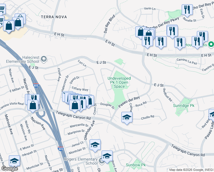 map of restaurants, bars, coffee shops, grocery stores, and more near 862 La Senda Way in Chula Vista