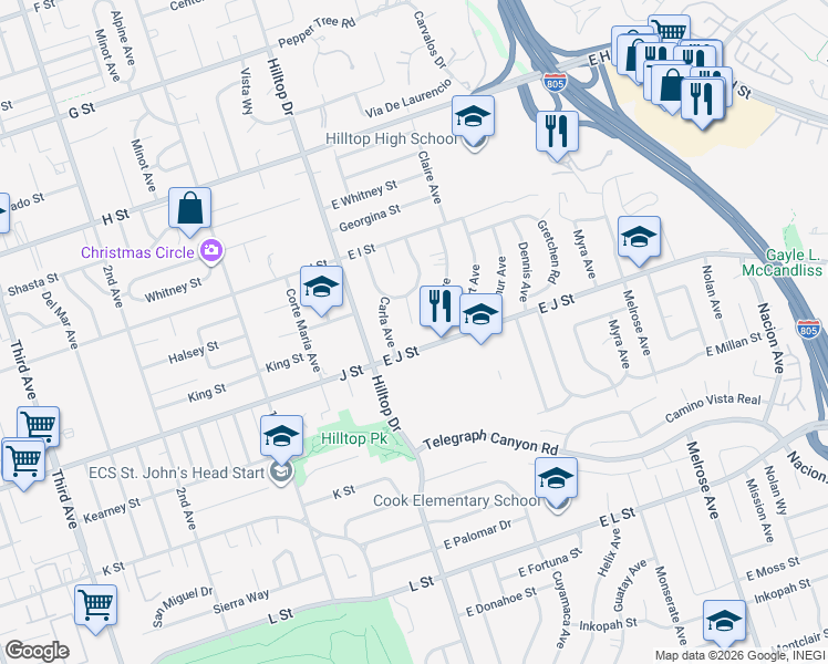 map of restaurants, bars, coffee shops, grocery stores, and more near 678 Claire Avenue in Chula Vista