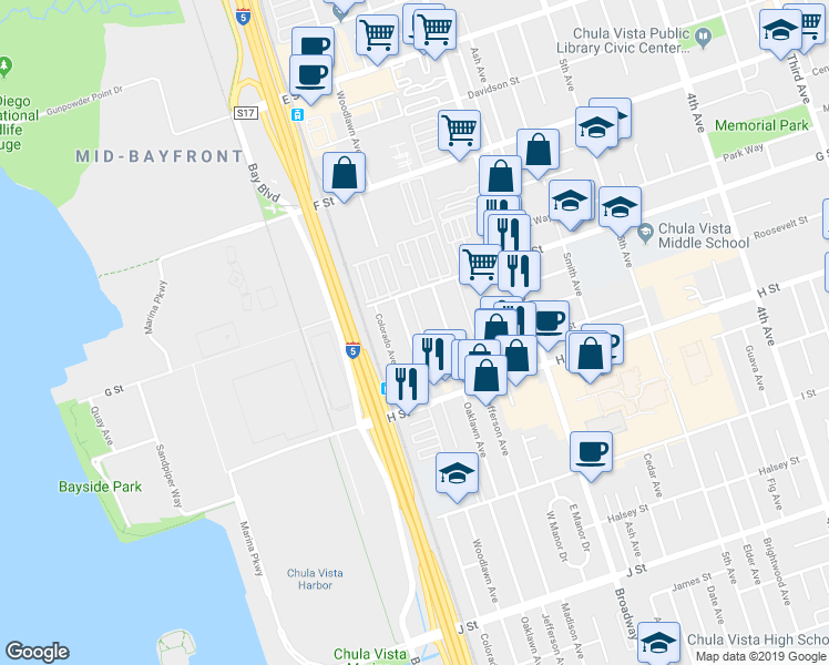 map of restaurants, bars, coffee shops, grocery stores, and more near 423 Woodlawn Avenue in Chula Vista
