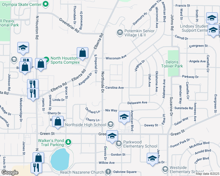 map of restaurants, bars, coffee shops, grocery stores, and more near 201 Carolina Avenue in Warner Robins
