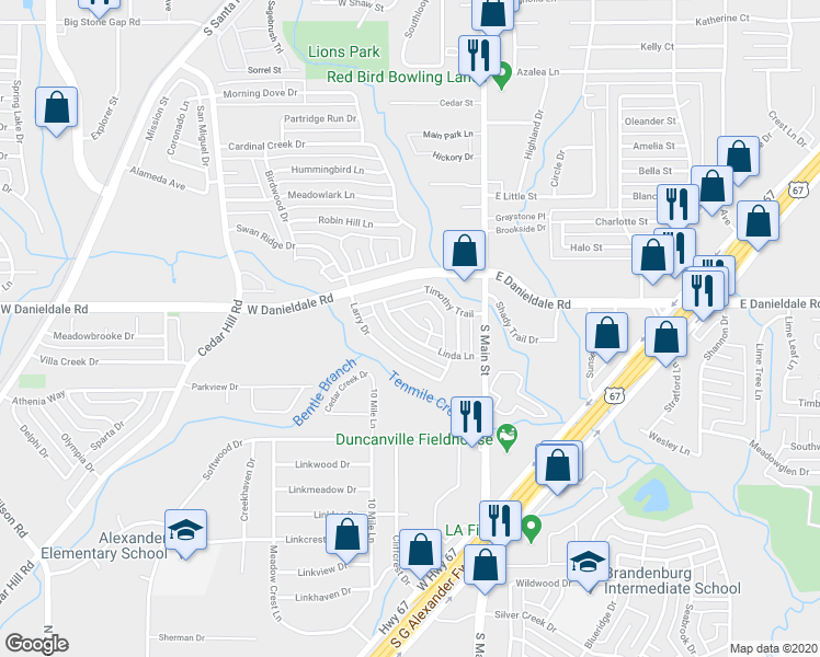 map of restaurants, bars, coffee shops, grocery stores, and more near 235 Linda Lane in Duncanville
