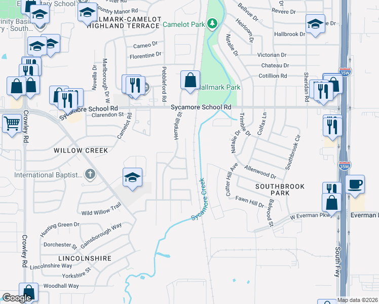 map of restaurants, bars, coffee shops, grocery stores, and more near 8020 Summer Stream Drive in Fort Worth