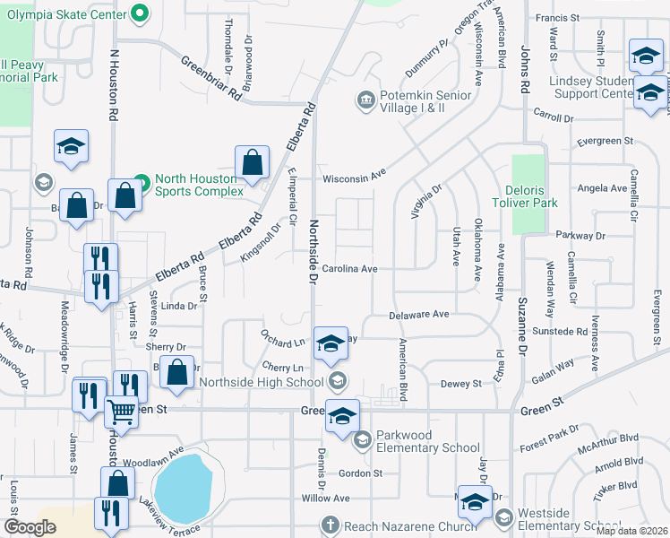 map of restaurants, bars, coffee shops, grocery stores, and more near 201 Carolina Avenue in Warner Robins