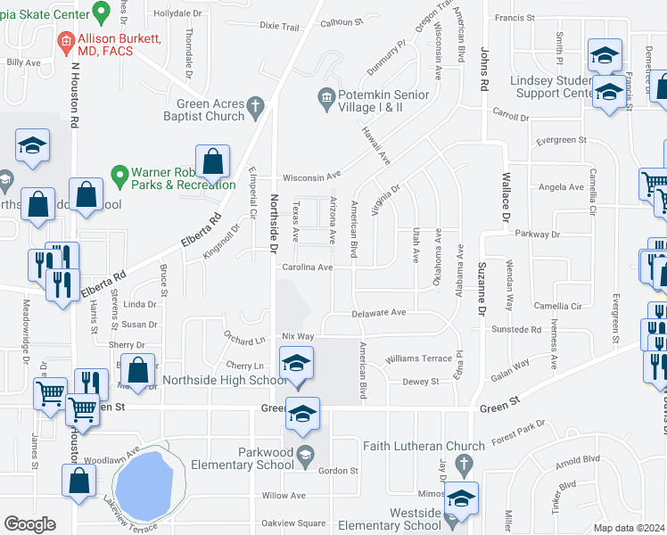 map of restaurants, bars, coffee shops, grocery stores, and more near 301 Carolina Avenue in Warner Robins
