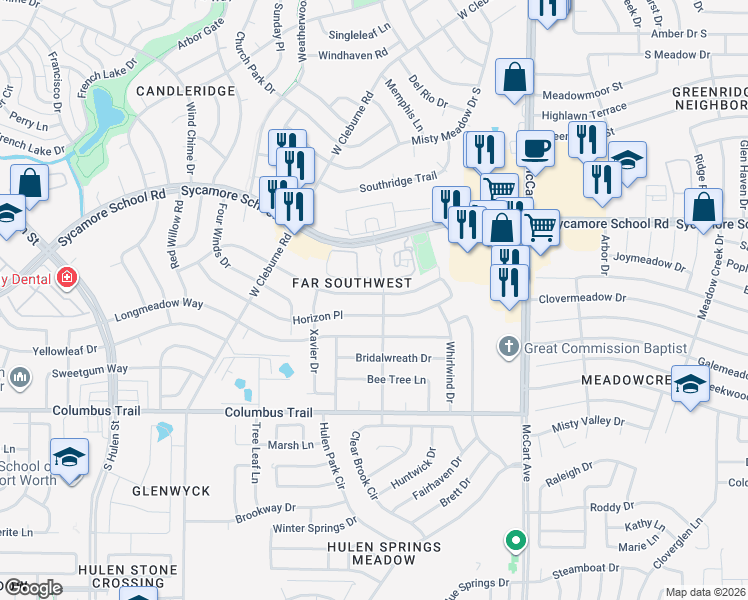 map of restaurants, bars, coffee shops, grocery stores, and more near 3816 7 Gables Street in Fort Worth