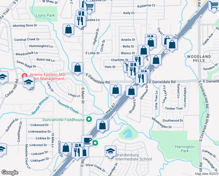 map of restaurants, bars, coffee shops, grocery stores, and more near 1531 Sunrise Lane in Duncanville