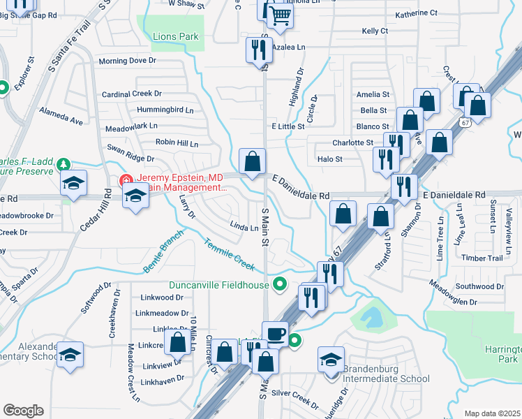 map of restaurants, bars, coffee shops, grocery stores, and more near 1502 Sharon Drive in Duncanville