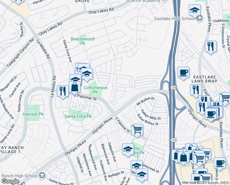 map of restaurants, bars, coffee shops, grocery stores, and more near 1289 Fools Gold Way in Chula Vista