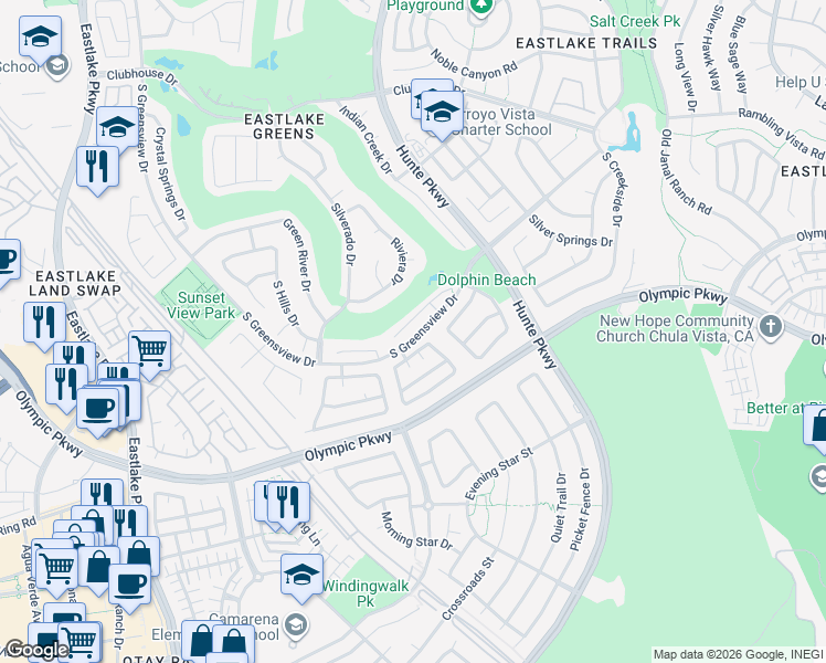 map of restaurants, bars, coffee shops, grocery stores, and more near 2432 Steamboat Springs Court in Chula Vista
