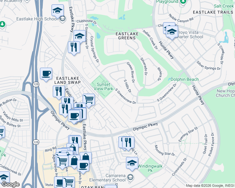 map of restaurants, bars, coffee shops, grocery stores, and more near 1390 Harbour Town Place in Chula Vista