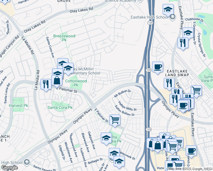 map of restaurants, bars, coffee shops, grocery stores, and more near in Chula Vista