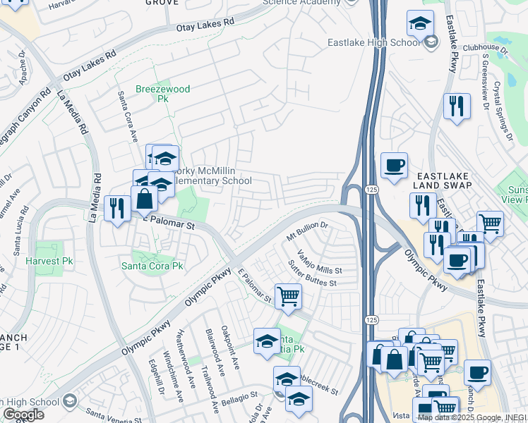 map of restaurants, bars, coffee shops, grocery stores, and more near in Chula Vista