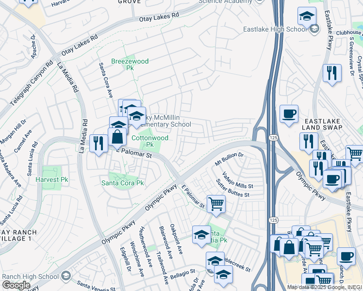 map of restaurants, bars, coffee shops, grocery stores, and more near 1279 Fools Gold Way in Chula Vista