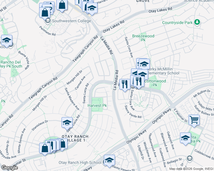 map of restaurants, bars, coffee shops, grocery stores, and more near 1627 East Palomar Street in Chula Vista